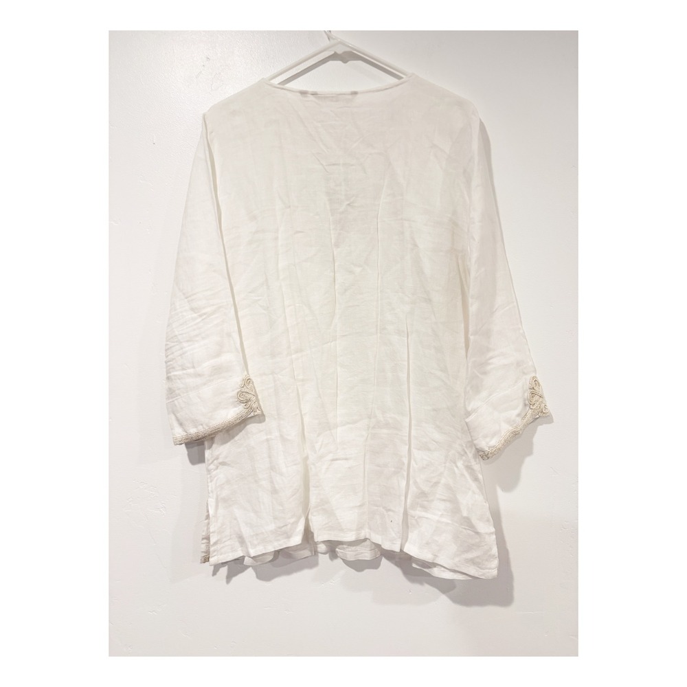 Soft Surroundings White Linen Gold Embroidered Tunic Top 3/4‎ Sleeve - Picture 3 of 5